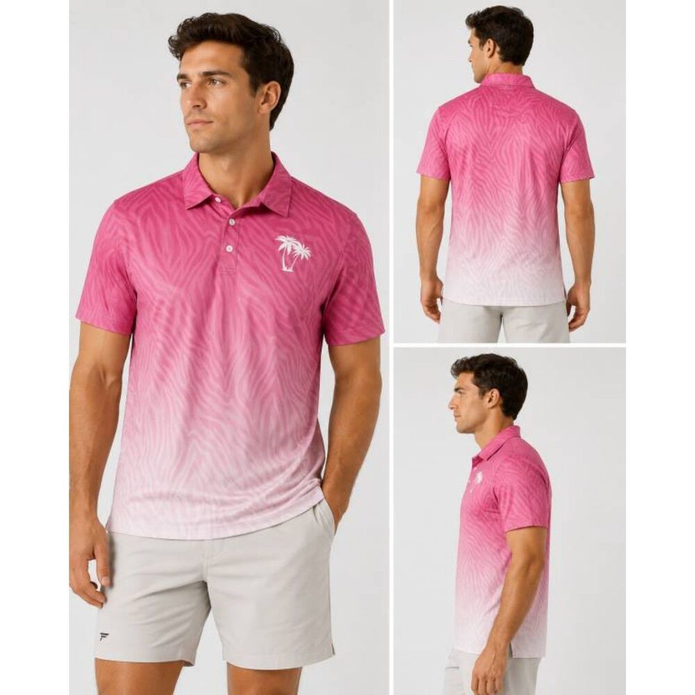 Hardaddy Men's M Pink Zebra Ombre Palm Tree Golf Polo Shirt